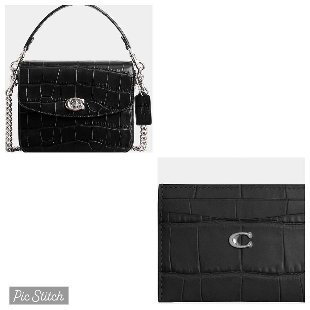 NWT COACH Cassie Black Leather Croco 19 Crossbody Bag & Card Case